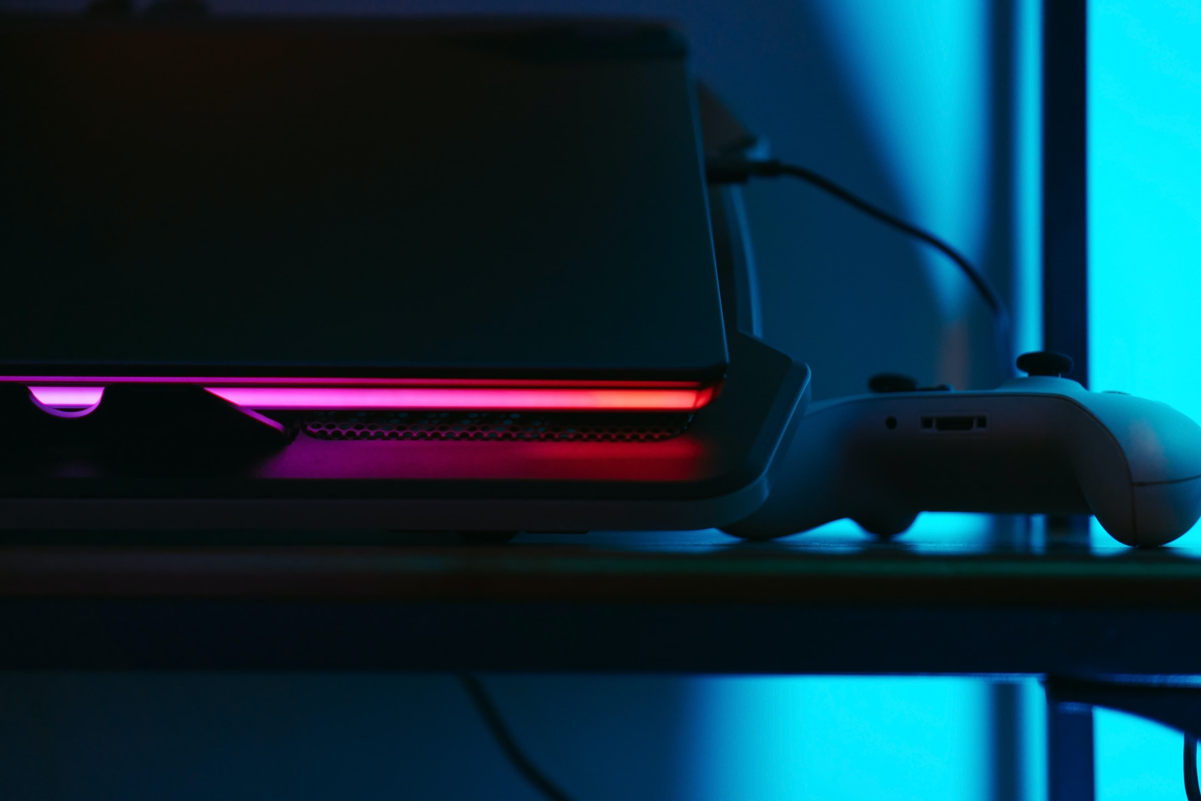 Gaming computer and remote on a desk